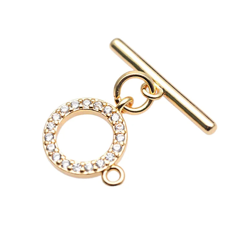 Gold Plating CZ Paved Copper Round Shape OT Toggle Clasp for Stone Pearl Bracelet Necklace Making