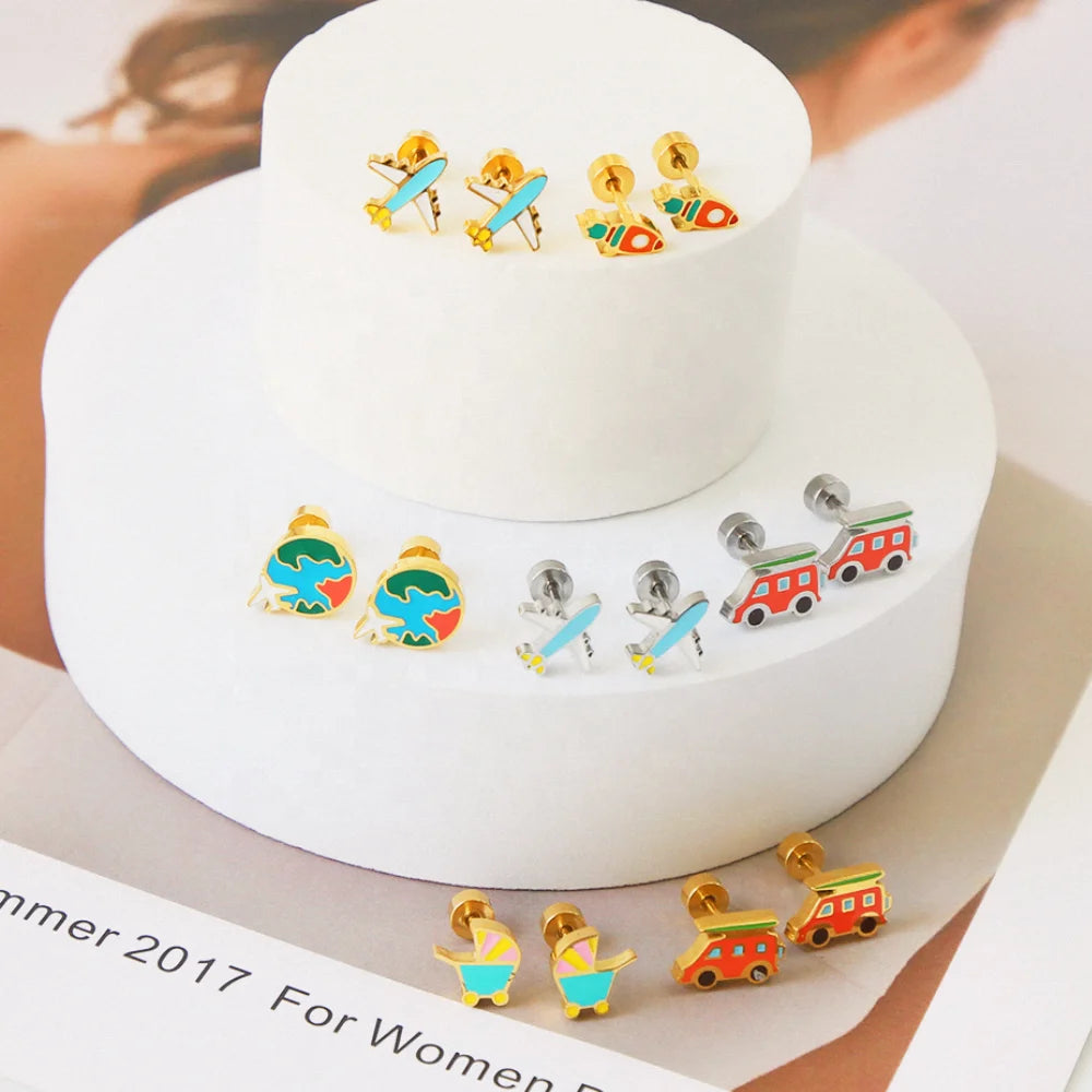 Nickel Free 304/316 Stainless Steel Earrings Custom New Cartoon Design Kids Screw Back Earrings Jewelry for Women 2022