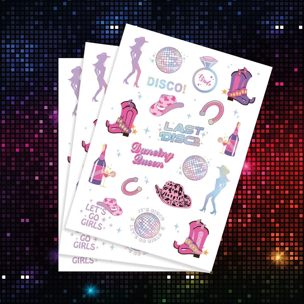 Cowgirl Bachelorette Party Favor Iridescent Foil Last Disco Temporary Tattoos