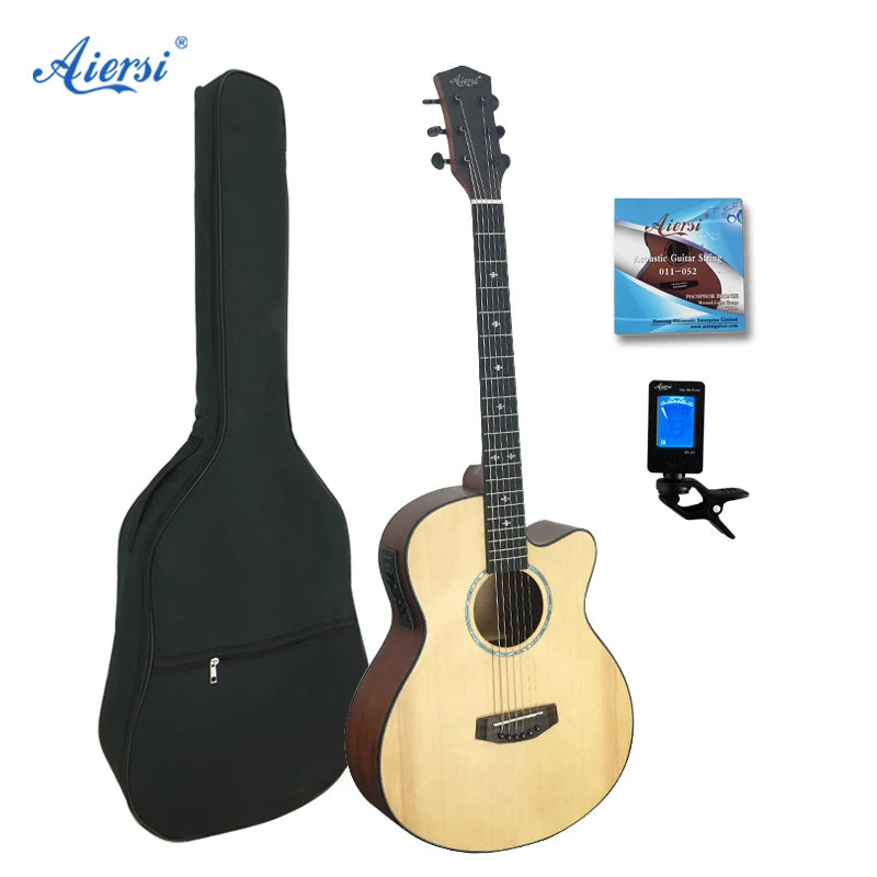 Aiersi Factory Cost Price  40 Inch  Solid Spruce Top Electrical  Acoustic Guitar  with Capo String Tuner