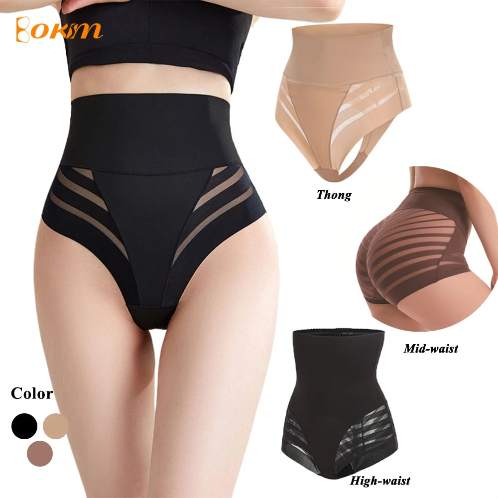 Women's High Waist Thong Shapewear T-Strap Striped Mesh Firm Thin Slimming Sexy Panties Plus Size Waist Trainer Butt Lifting