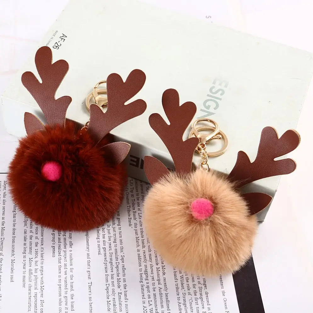 Christmas Antlers Fur Ball Fluffy Puff Pom Pom Keychain Elk Antlers Plush Key Chain Christmas Gift Bag Pendant for Woman Jewelry