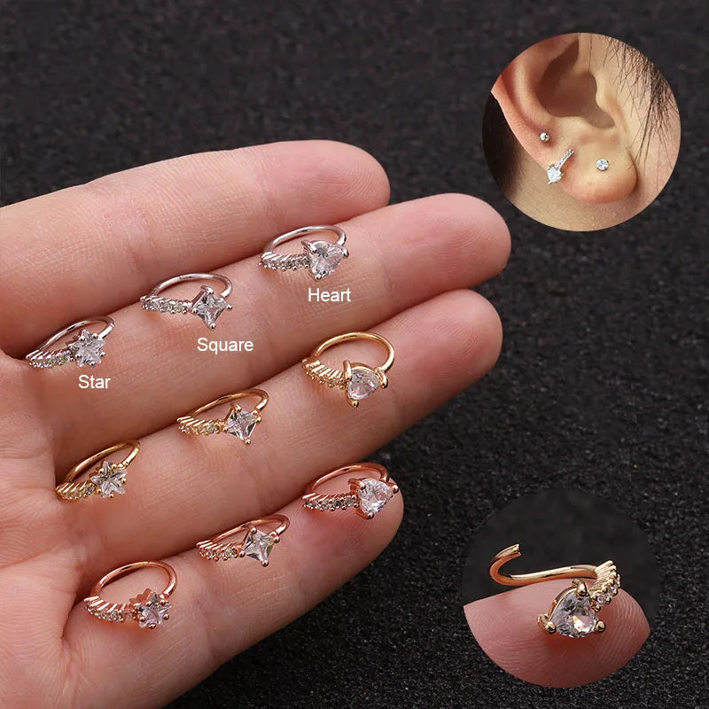 HOVANCI 3Europe and America Hot Sale Lovely Circle Round Star Heart square Cubic Zirconia Nose Ring Helix Piercing Jewelry