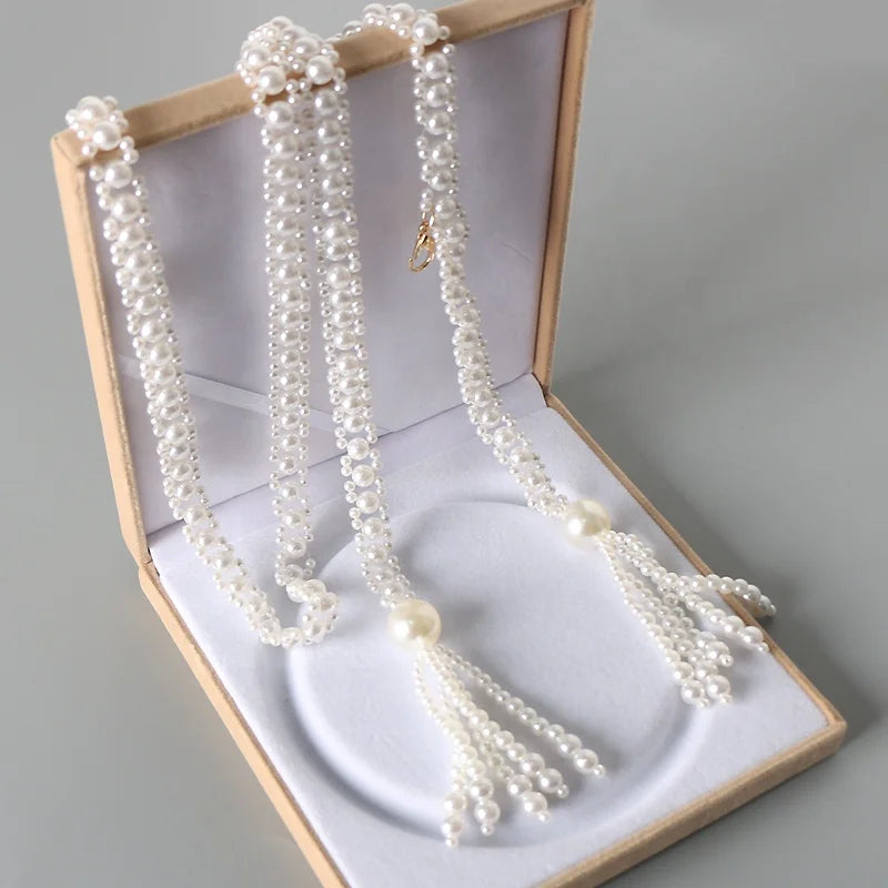 Simple Fashion Ladies Dress Beaded Belts with Pearl Waist Chains and Tassels Elegant Sweater Accessories