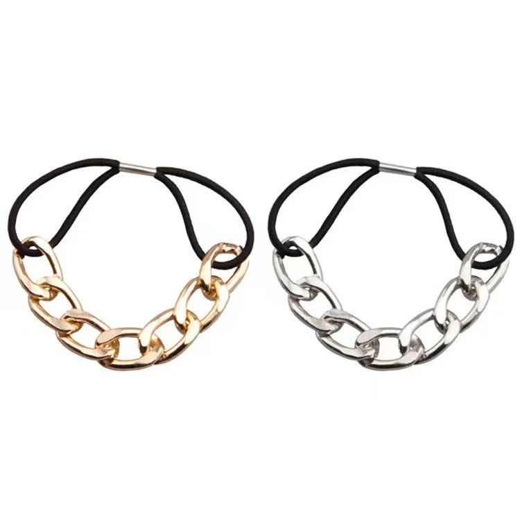 Korean Style Gold Metal Chain Hair Bands for Thick Hair Girls Simple Fashion Black Rubber Elastic Band Women Hair Rope