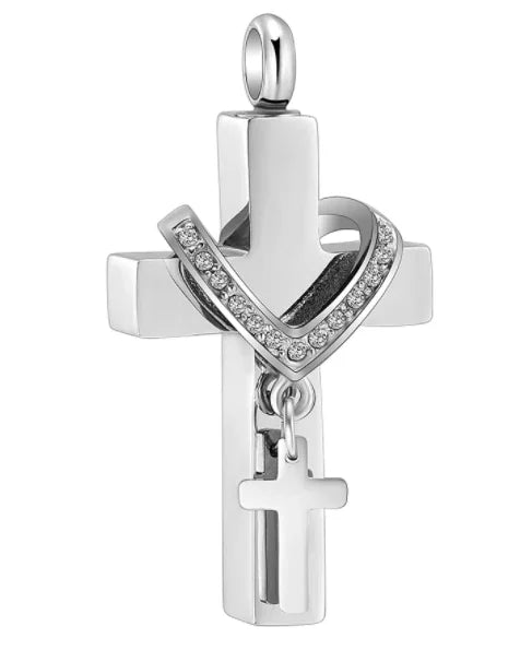 Crystal Ribbon Charms Stainless Steel Cross Memorial Urn Pendant Necklace Jewelry Vintage Keepsake Holder Ribbon Ash Cremation