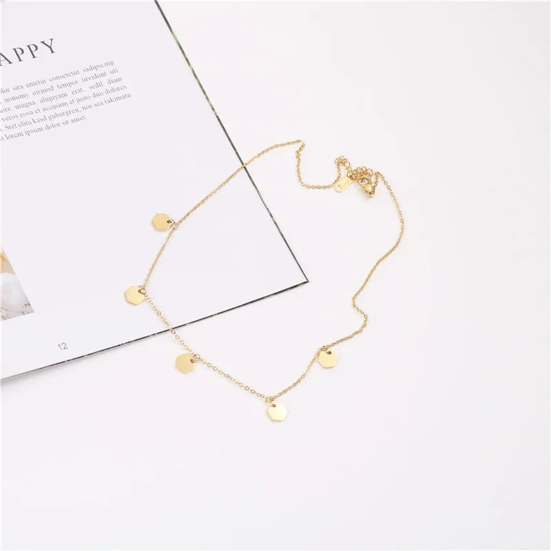 Fenny Wholesale 18K PVD Plated No Fade Elegant Hexagon Wafer Pave Pendant Stainless Steel Choke Chain Necklace for Women
