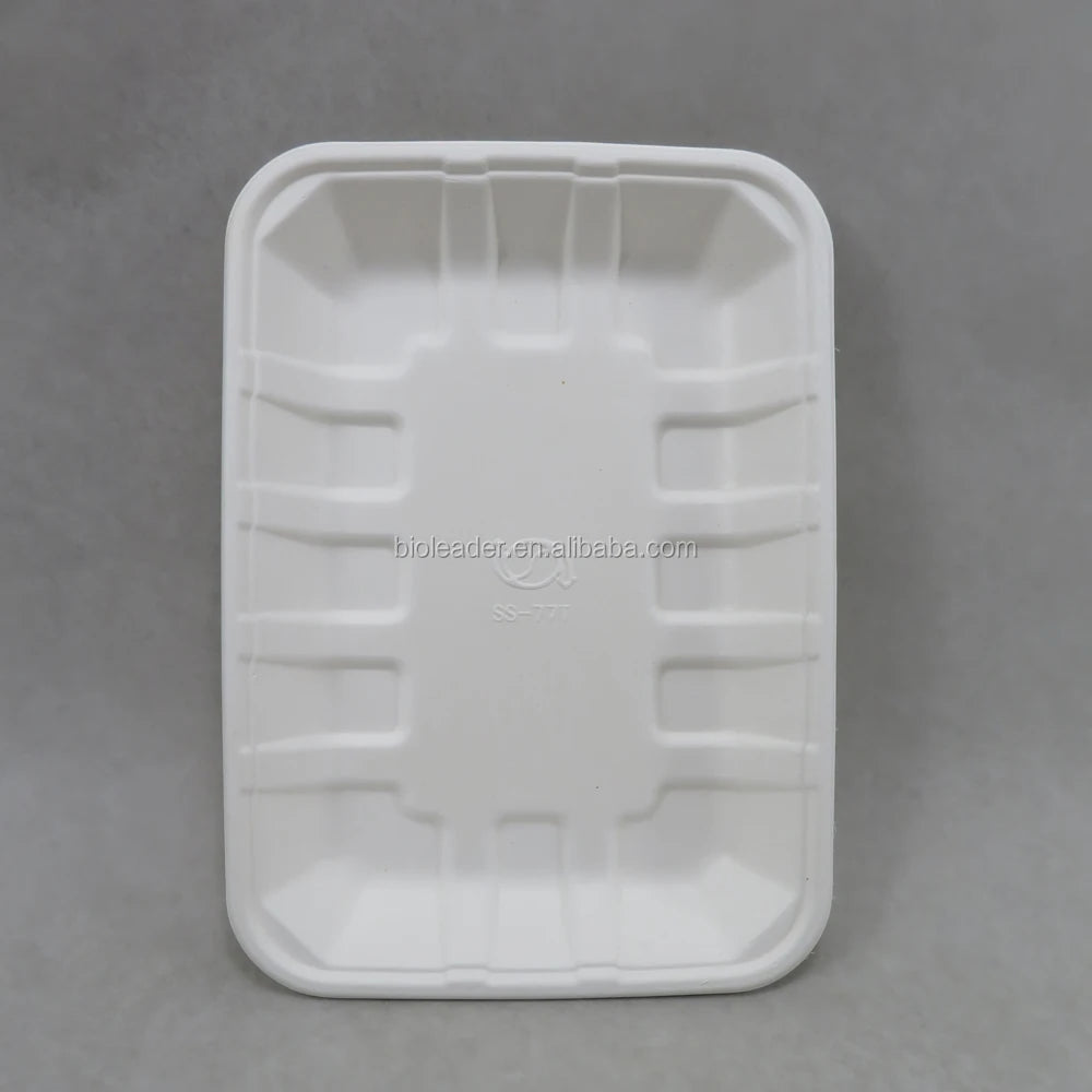100% Biodegradable BPI Certified Disposable Rectangle Sugarcane Bagasse Fish Dish Food Tray White Gold Inlay Stylish Design