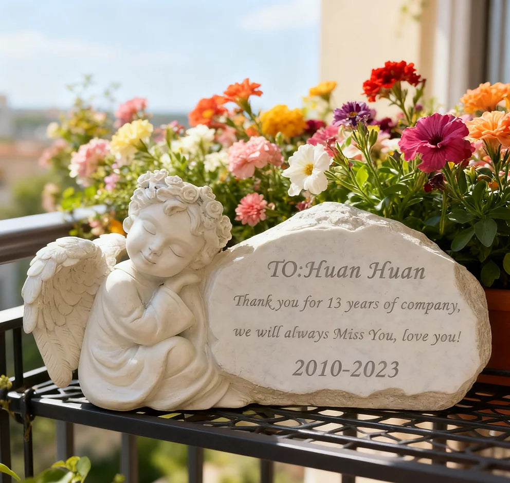Mint-white Resin Angelic Design Art Pet Memorial Statue Engraved Text Handmade Hand-painted Holiday Outdoor Fashion Garden