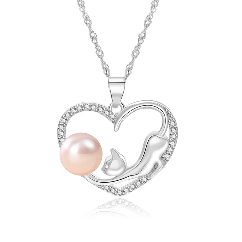 Women Jewelry 925 Sterling Silver Pink or White Freshwater Pearl Cute Cat Heart Necklace