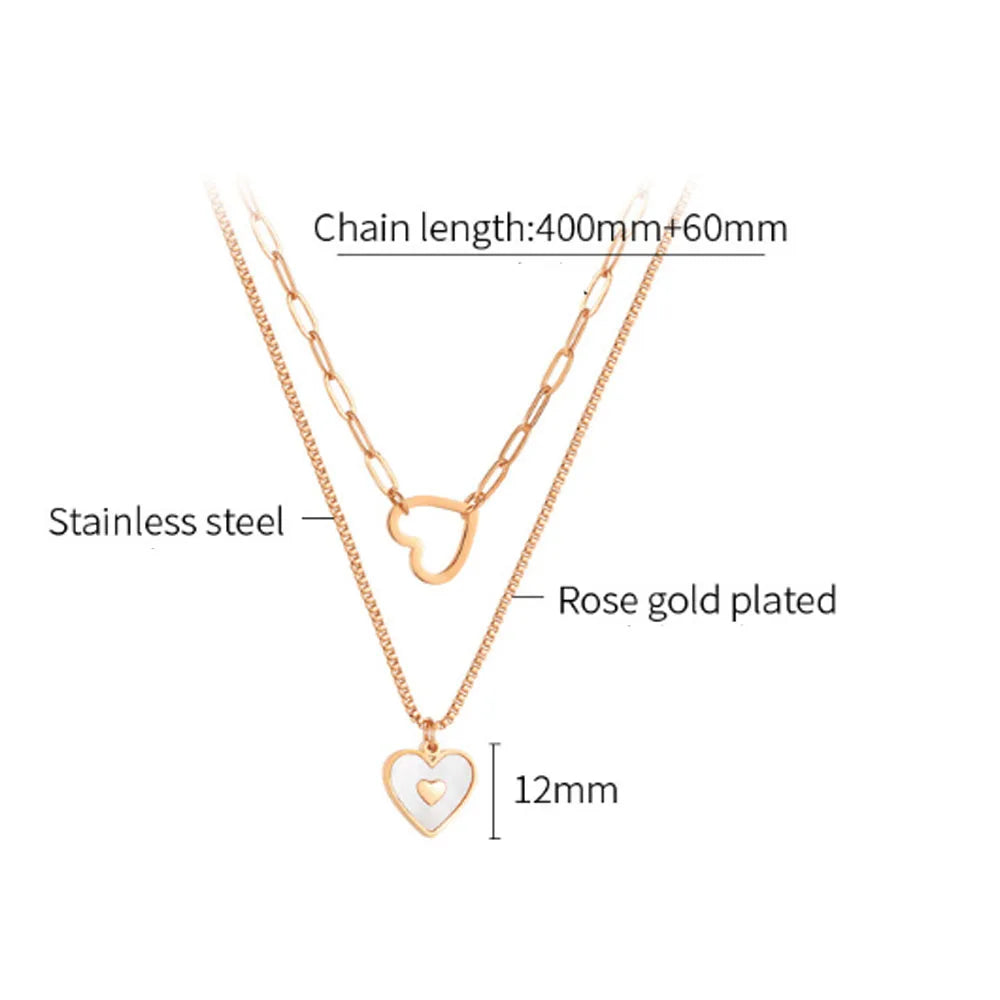 Women Bohemian Stainless Steel 18k Gold Plated Double Layers Layered Geometric Heart Pendant Necklace Jewelry