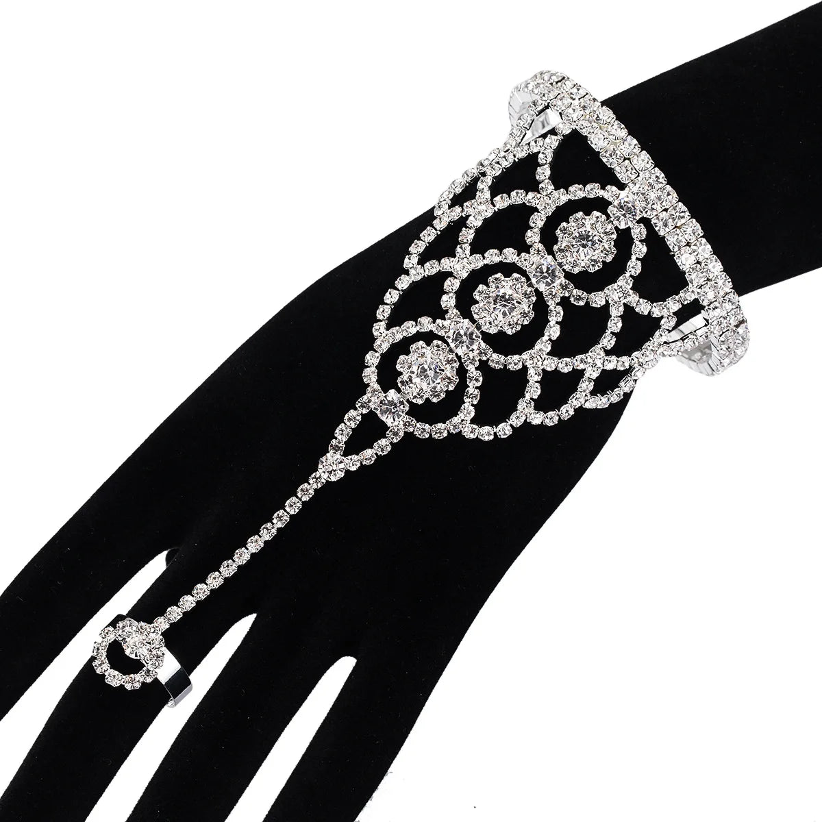 Luxury Skeleton Hand Ring Bracelet with Cuff Crystal Glass Rhinestone Wedding Accessories Fashion Charm Bracelets