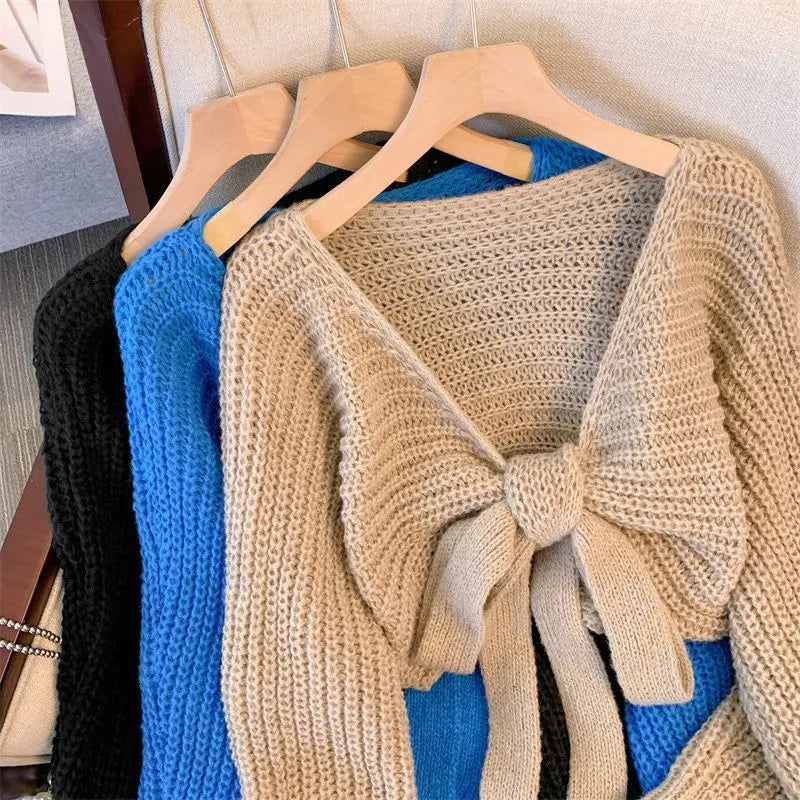 Retro Knitted Sweater Coat Bow Neck Short Long Sleeved Top SML