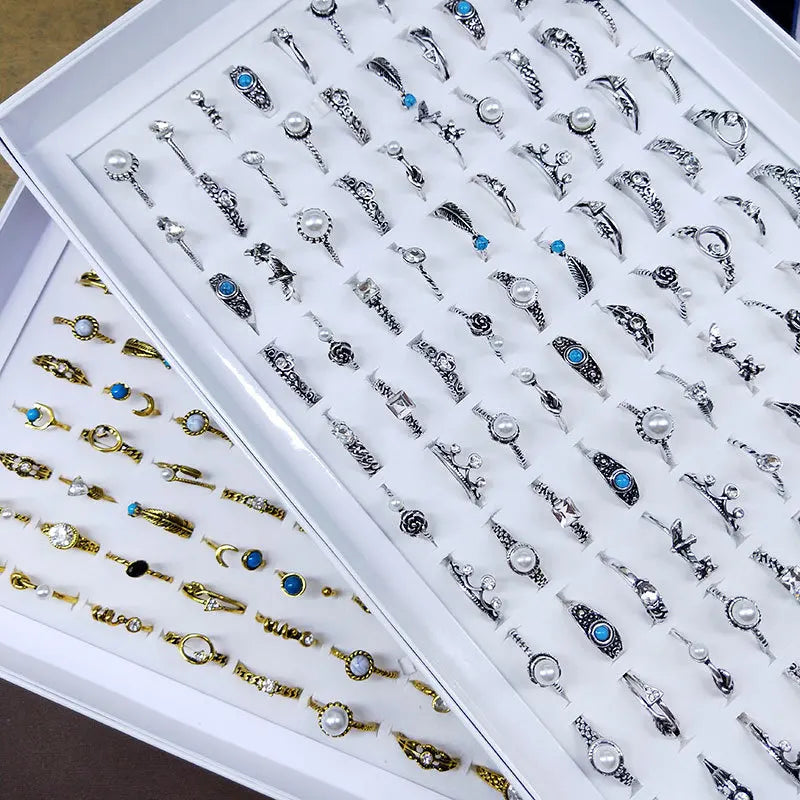 Women's Korean Style Gold Plated Index Finger Ring Simple Pearl Zircon Rhinestone Jewelry Popular Gem Mixed Batch