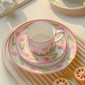 Solhui INS Tulip Ceramic Cup Saucer Set pink Flower Ceramic Coffee Cup Set Afternoon Tea Mug and Plate