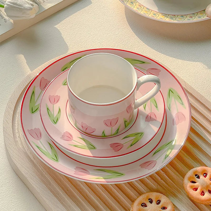 Solhui INS Tulip Ceramic Cup Saucer Set pink Flower Ceramic Coffee Cup Set Afternoon Tea Mug and Plate