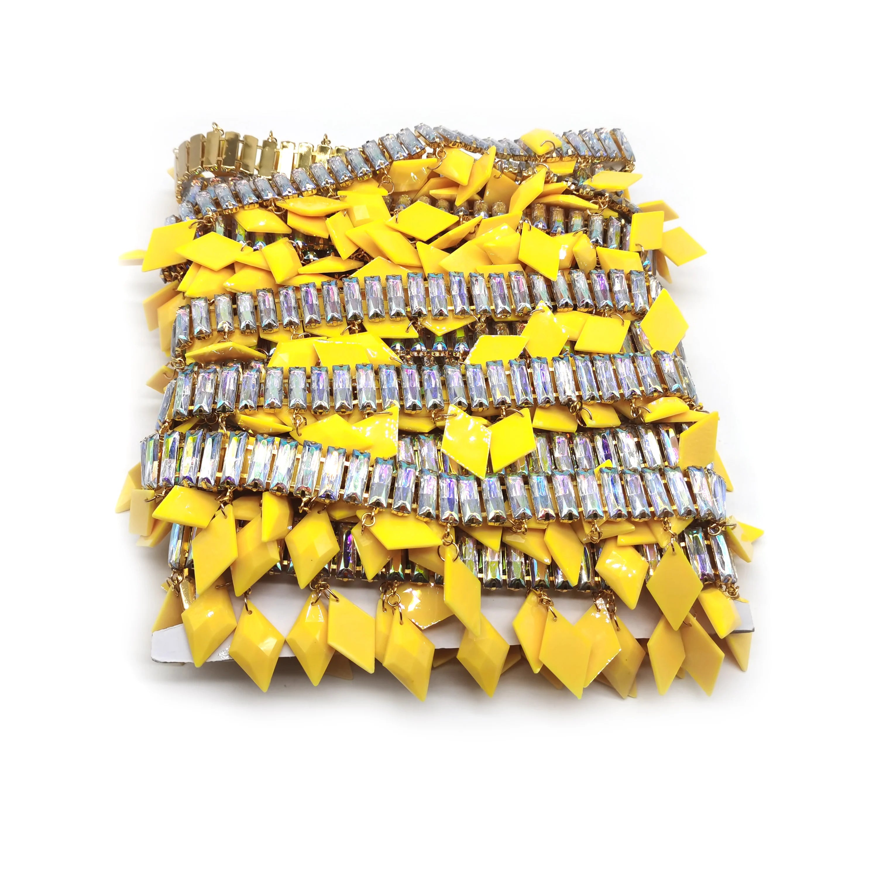 Gold Metal Sew-On Diamond Rhinestone Fringe Chain Yellow Diamond Trimming for Carnival Dresses Shoes Bags