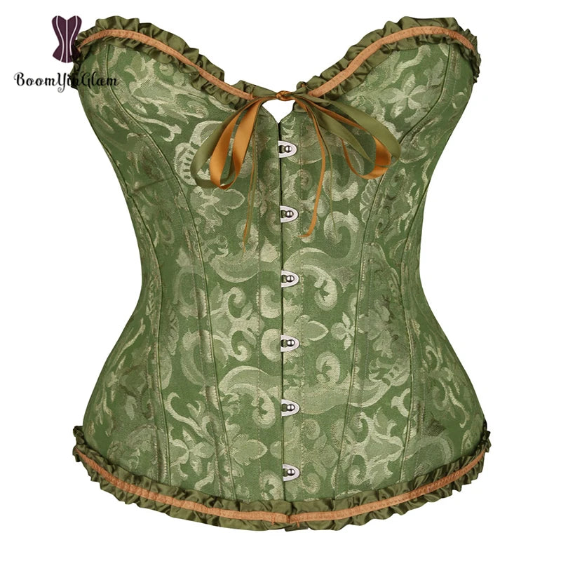 Plus Size 6XL Green Women Groom Overbust  Drawstring Boned Waist Training Corset Bustier Lace Bodysuit Lingerie Wedding Dress