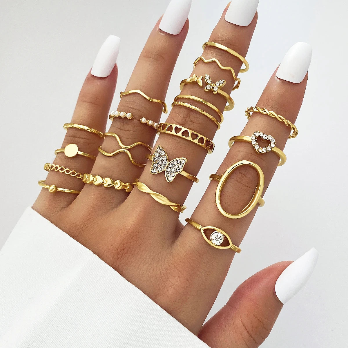 2024 New Trendy19Pcs/Set Gold Plated Shinny Butterfly Rings Sets Fashion Crystal Heart Knuckle Ring Jewelry Set