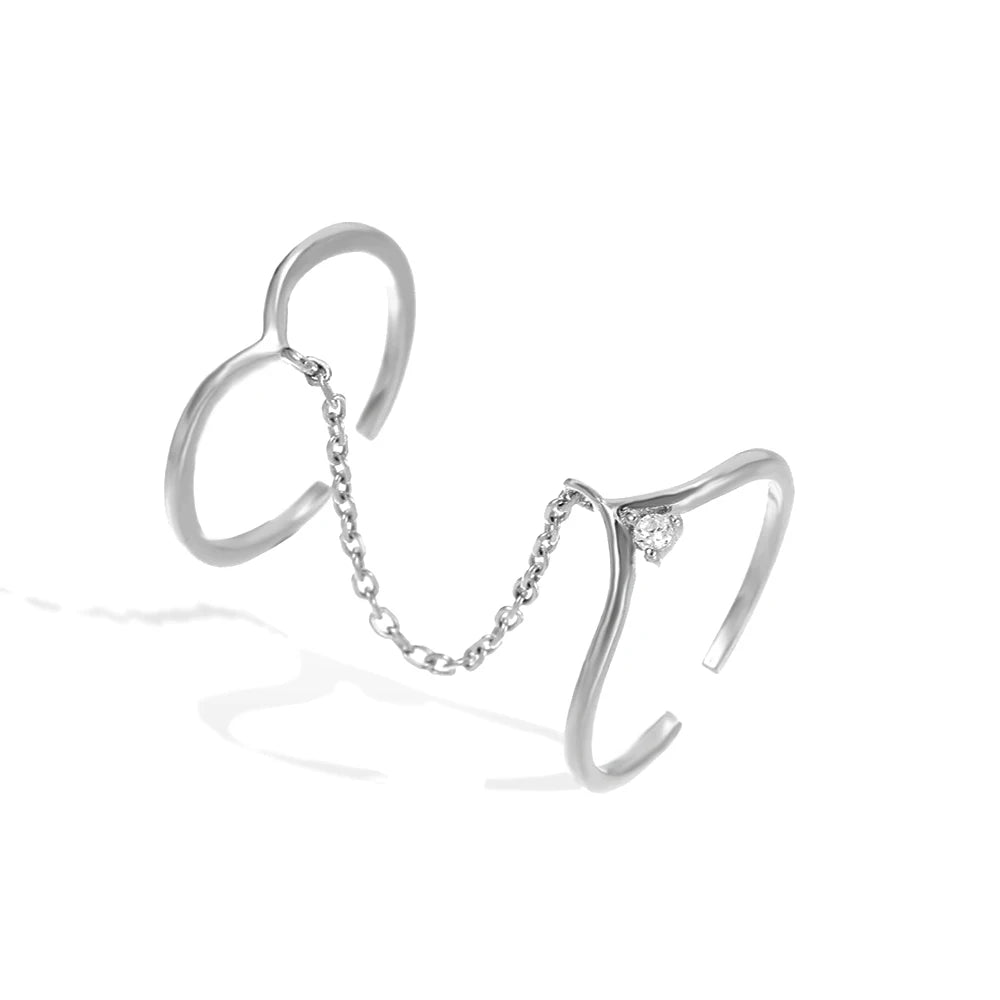 Personality Two Linked Rings S925 Silver Double Ring Chain Sterling Silver Adjustable Rings for Girlfriend