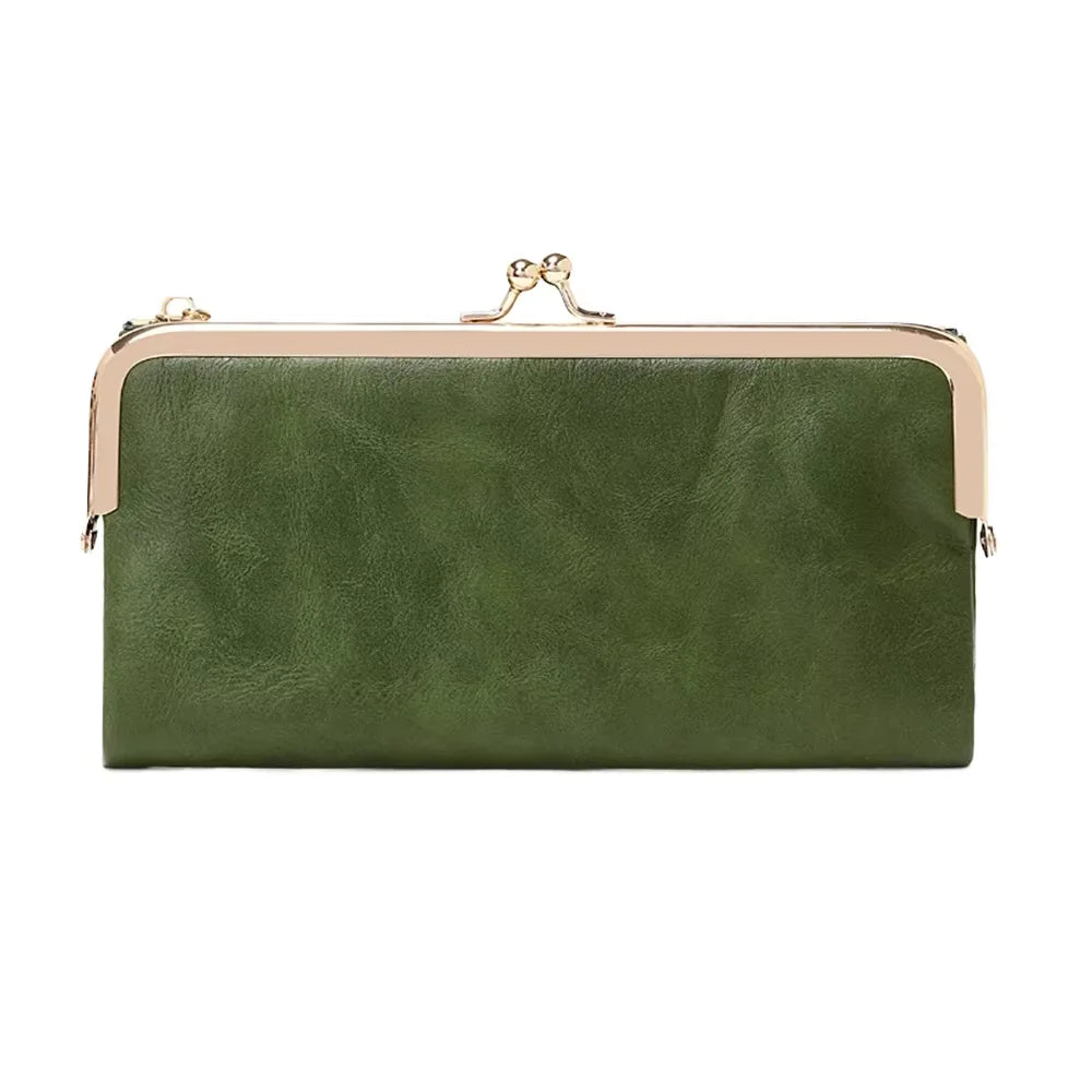 New Trend Luxury Elegant Vintage Women's Green PU Leather Large Lady Long Wallet Thread Waterproof Metal Frame Clutch Bag Purse