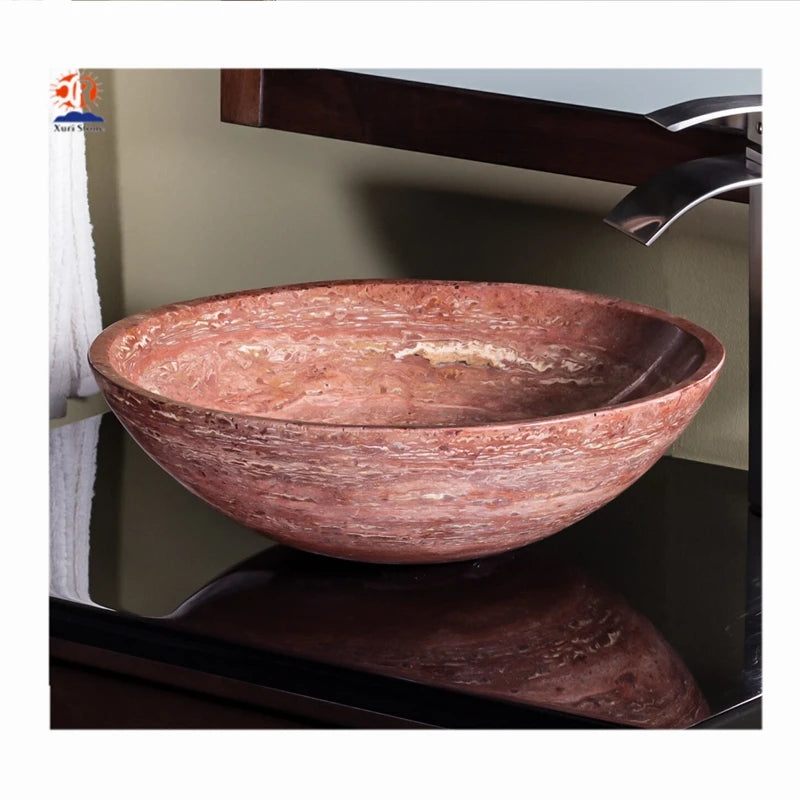 China Red Travertine Marble Round Wash Basin for Bathroom Using