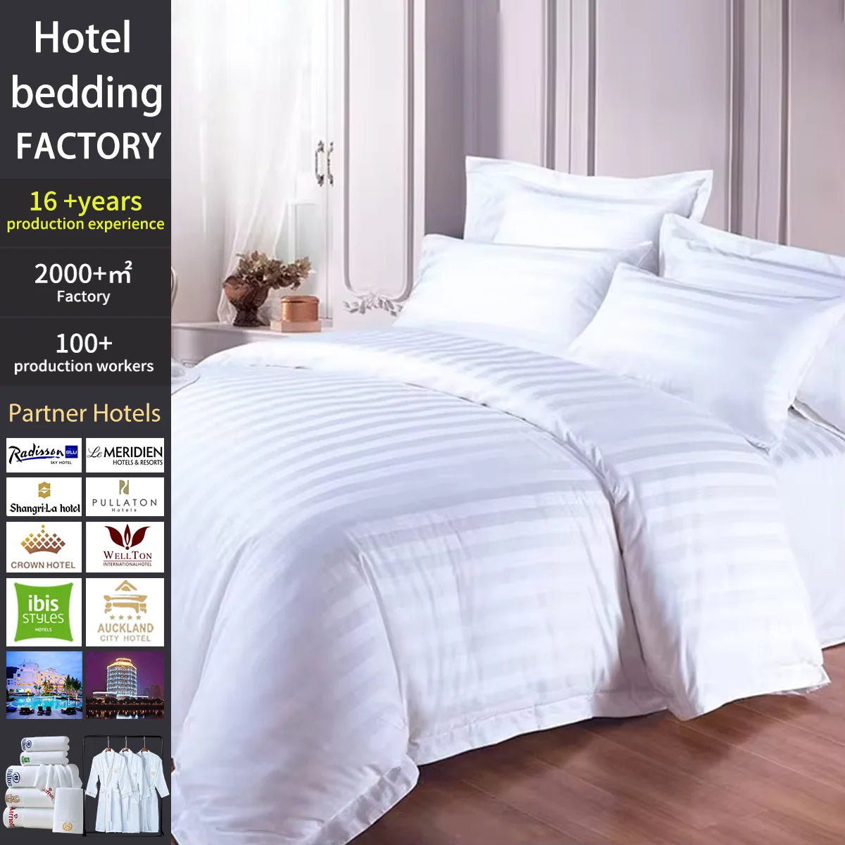 300 Thread Counts Series Hotel Luxury Linen Bedding Cotton Satin Stripe in White for Hotel Bed Sheet  60*40S