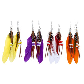 African Design Summer Women Ear Jewelry Leather Tassel Beaded Earrings Colorful Feather Earring