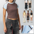 Women's 230G Rainbow Spray Summer Short Sleeve T-Shirt Tight Fitting Color Blocking Spicy Girl with Straight Shoulder Low MOQ