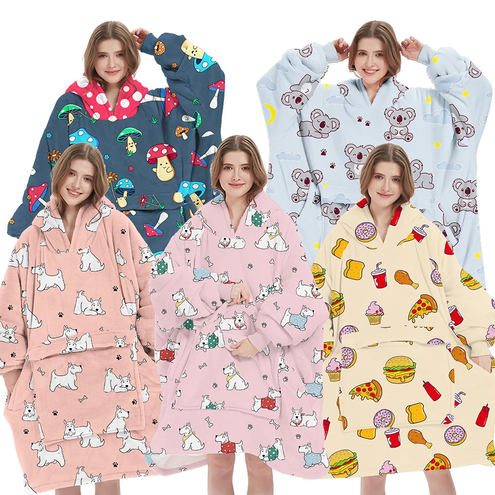 Dropshipping Custom Cat Design Printing Hoodie Blanket Adult Kids Toddler Wearable Blanket with Big Pockets