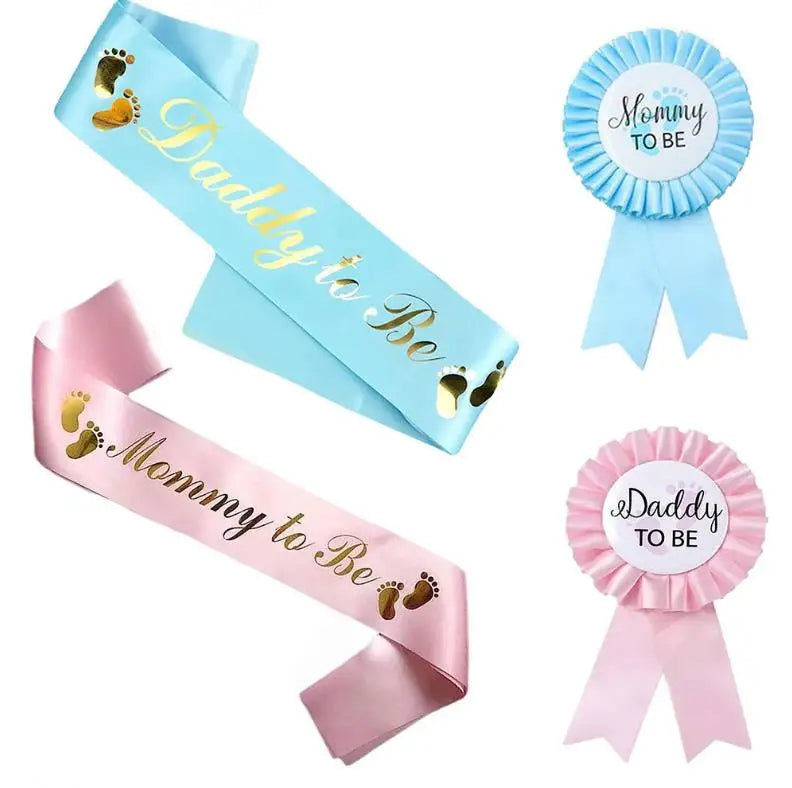 Baby Shower Mommy Daddy to Be Sash Badge Set Ideal Gift for Gender Reveal Rose Gold Metallic Foil Text Footprints Blue Pink