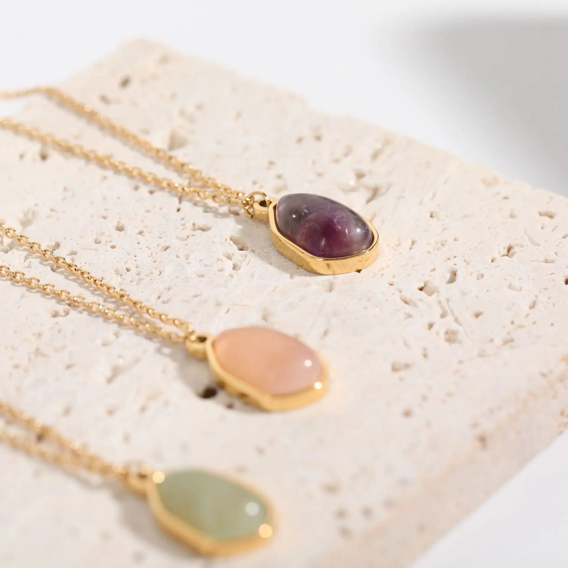 18K Gold Plated Stainless Steel Stack Minimalist Natural Stone Irregular Oval Geometric Pendant Choker Necklaces