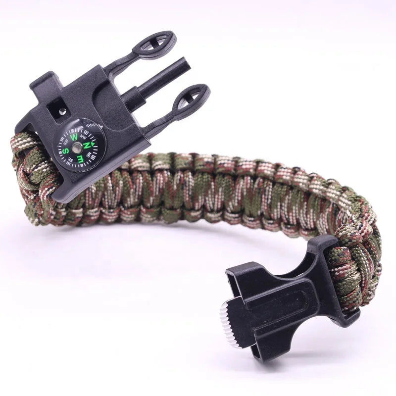 Multi-Function Waterproof Outdoor Emergency Survival Bracelet Compass Fire Starter Whistle Polyester for Hiking Camping Fishing
