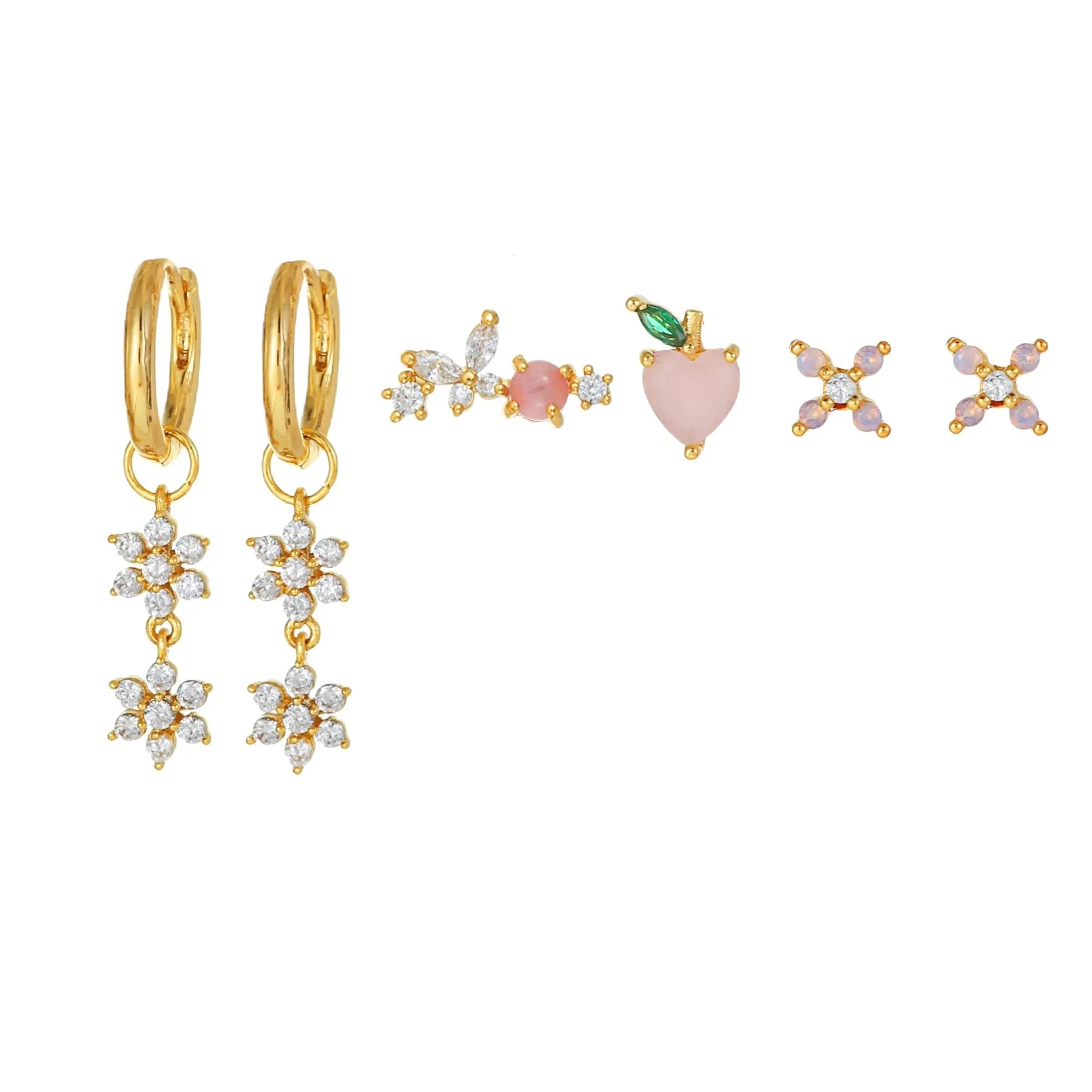 Wholesale Fashion Fairy Style Fruit Small Earrings Micro Inset Zircon Flower Tassel Ear Buckle Set of 6 Pieces Ear Stud