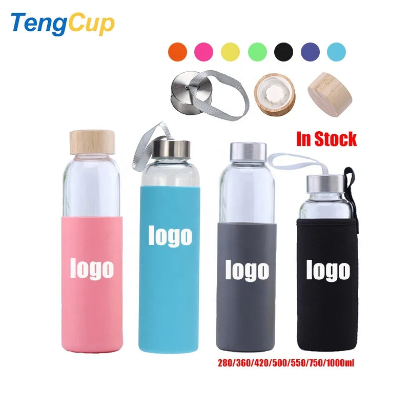 TY High Borosilicate Glass Sports Water Bottle with Silicone Sleeve Customizable Colors & Logo Multiple Sizes (280-1000ml)