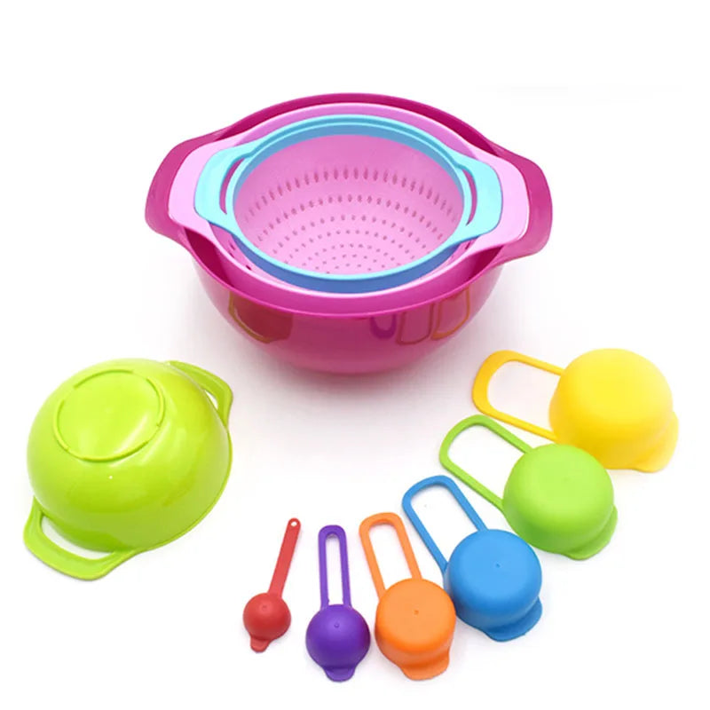10-Piece Eco-Friendly Kitchen Multi-functional Plastic Salad Bowls Rainbow Mixing Basket with Baking Measuring Cups