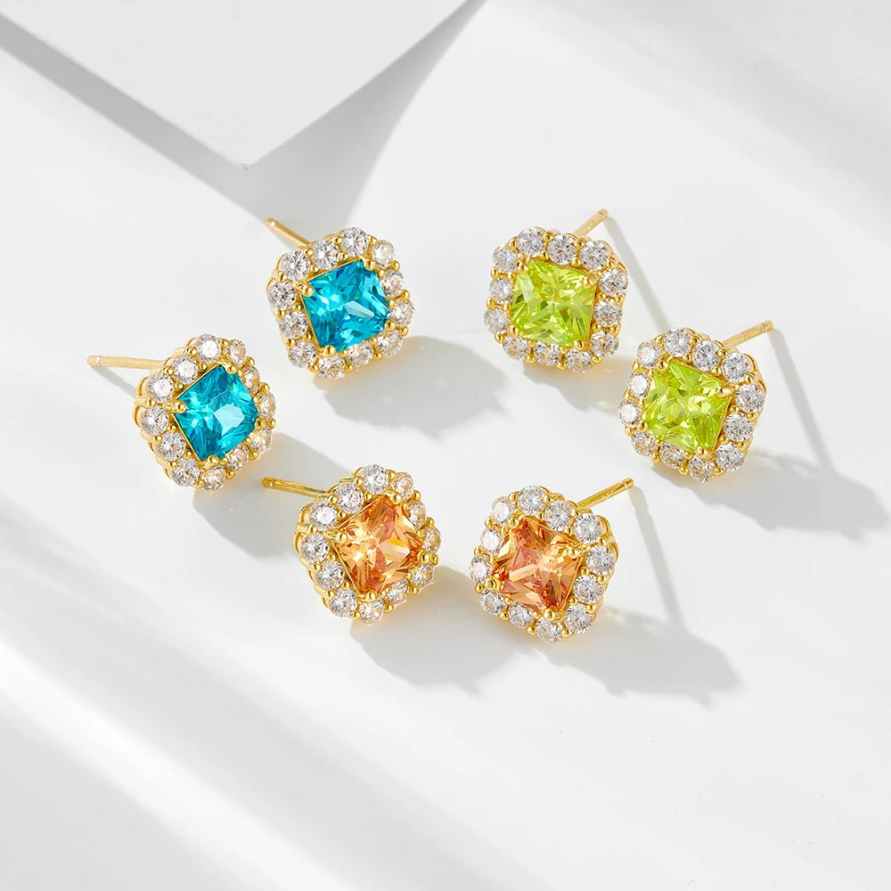 Fine Jewelry 925 Sterling Silver Princess Cut Zircon Colorful Gemstone Plated 14K Gold Stud Earrings for Women