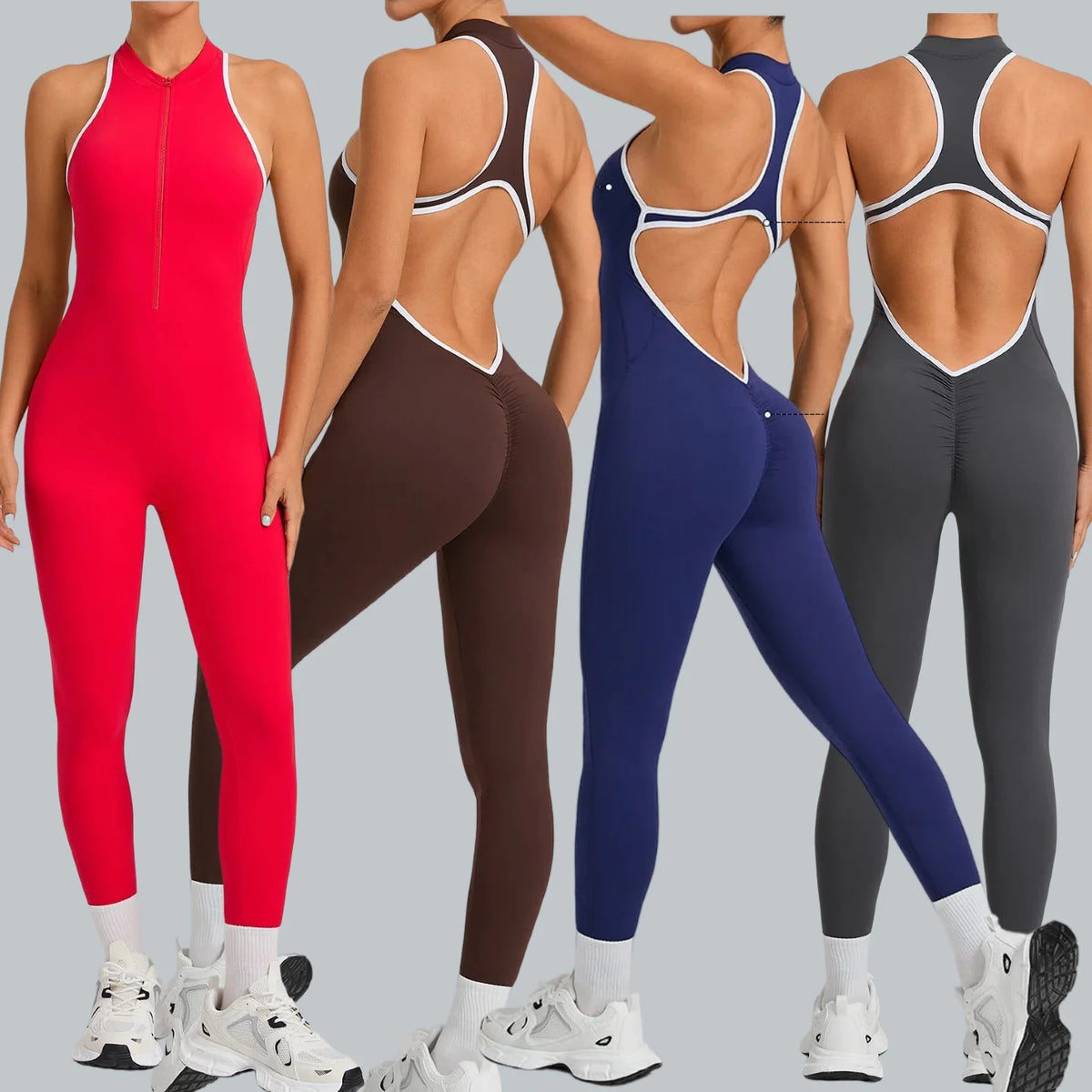NEW Contrast With Zipper Yoga Jumpsuits Workout Running Clothes Sportswear Gym Fitness Ribbed V Waist Leggings MegaBDM