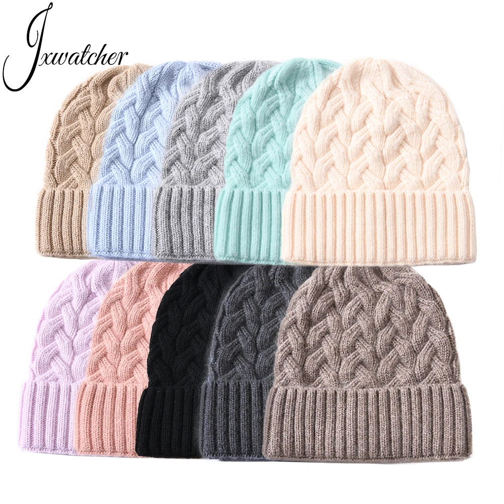 Jxwatcher Blank Sold Knitted Winter Hats Female Cuffed Ski Skully Custom Logo Women Cashmere Wool Knit Luxury Ribbed Beanie Cap