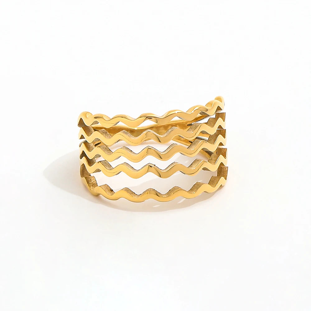 Joolim High-End 18K Gold Plated Stainless Steel Rings Multi-Layer Hollow Band Chunky Waved Rings for Women Trendy Style Gifts