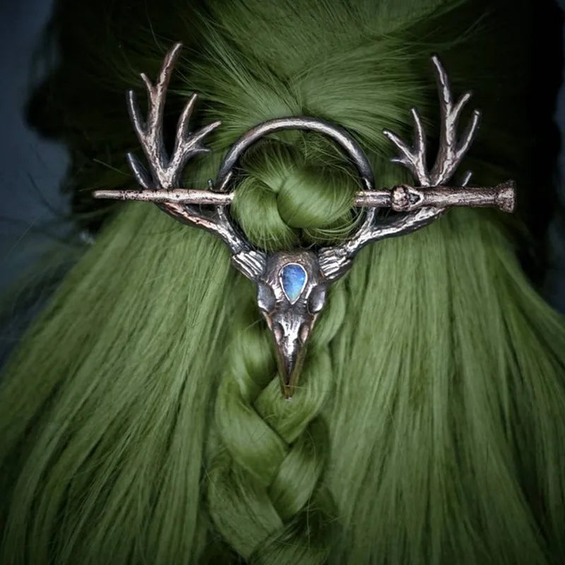 Gothic Vintage Hair Prong Raven Skeleton Moonstone Antler Hairpin Viking Hair Clips