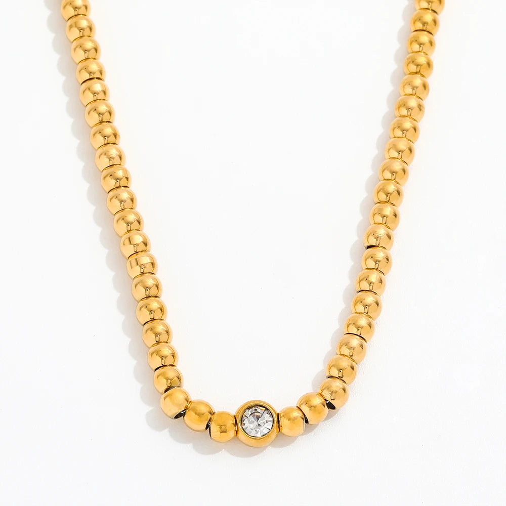 Joolim Jewelry 18K Gold Plated Beads Chain Zirconia Pendant Necklace Stainless Steel Jewelry Wholesale