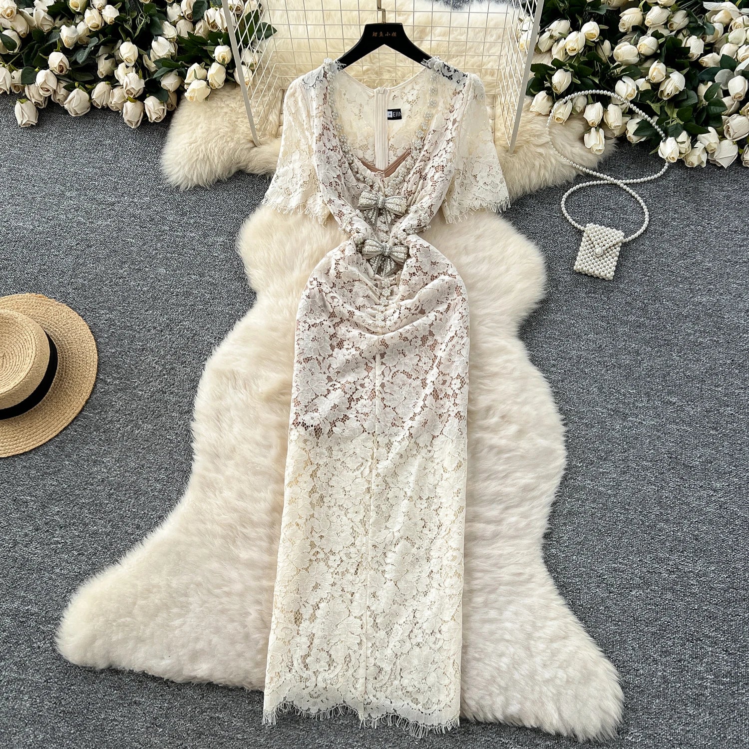 Ladies Dress Elegant LW1439 V-Neck Short Sleeve Bodycon Maxi Dress With Embroidered Bow Lace Details Dresses for Women