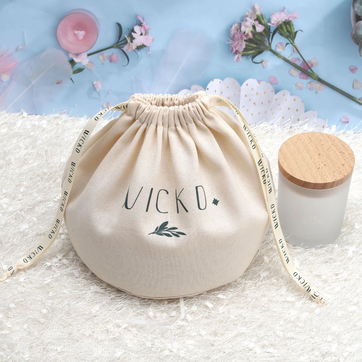Custom Gold Logo Round Bottom Cotton Linen Candle Packaging Dust Gift Bag Organic Cotton Candle Pouch