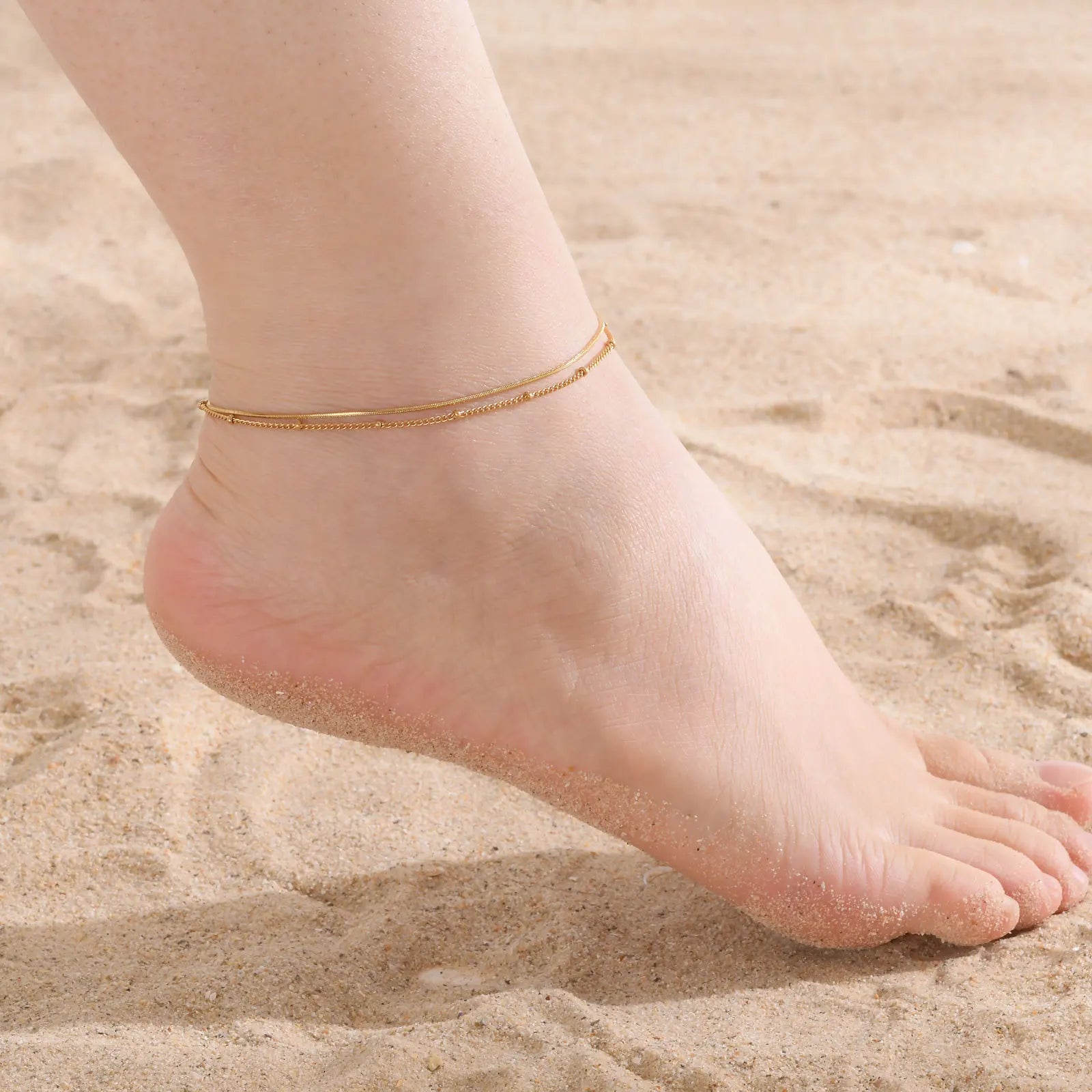 Dainty 18k PVD Gold Plated Tarnish-Free Waterproof Anklet Double-Layer Bead Snake Chain Trendy Stainless Steel Party Jewelry