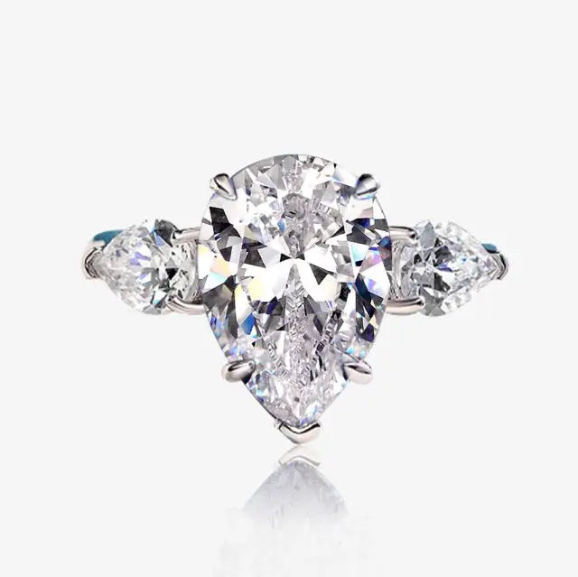 925 Sterling Silver Cubic Zirconia Teardrop Brilliant Cut Trillion Side Stones CZ Pear Shaped Ring