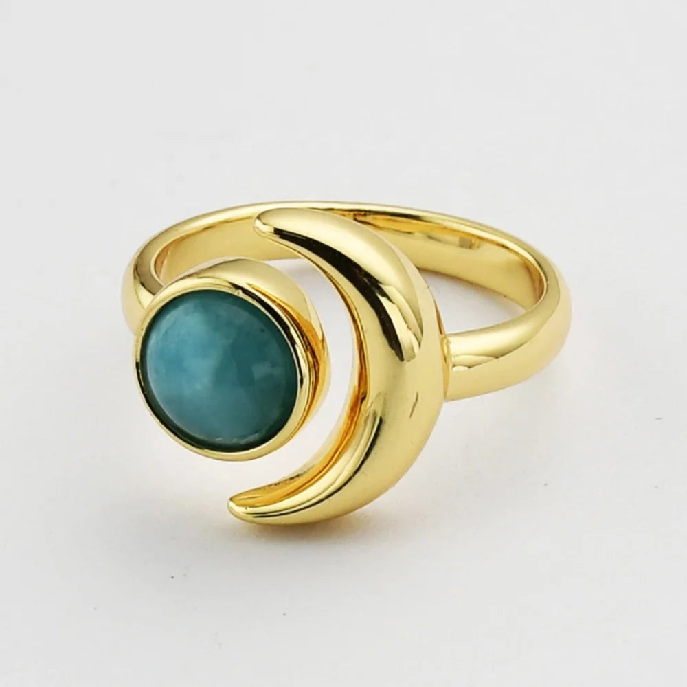 Adjustable Natural Gemstone Turquoise Larimar Ring Moon Nnd Sun Rings for Women