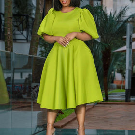 S-3XL Summer Round Neck Bubble Sleeve Large Hem Dress Elegant A-line Waistband Dress With Temperament