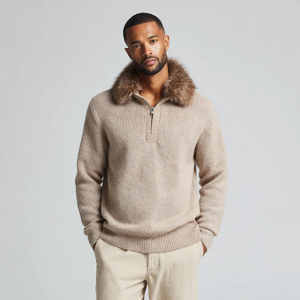 Men Half Zip Knit Pullover with Removable Fur Collar | Scandinavian Wool Sweater OEM Wholesale