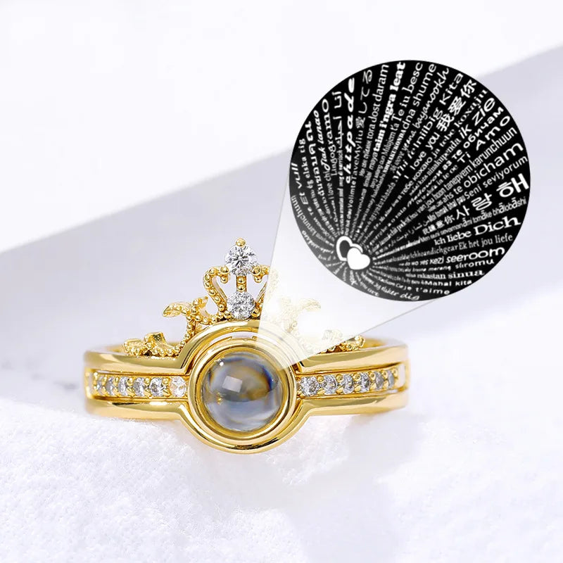 Crown 100 Languages I Love You Projection Ring Personality Opening Couple Rings Popular 2022 Gold Rings Jewelry